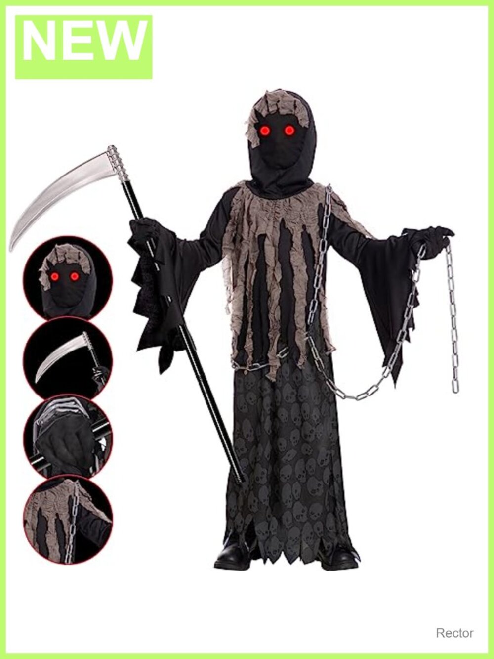 Kids Grim Reaper Costume Set Glowing Eyes Chain Scythe Halloween